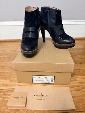 Cole Haan Black Leather and Suede Platform Ankle Booties